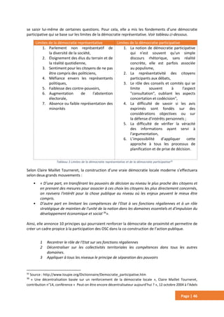 Page | 46
se saisir lui-même de certaines questions. Pour cela, elle a mis les fondements d’une démocratie
participative qui se base sur les limites de la démocratie représentative. Voir tableau ci-dessous.
Limites de la démocratie représentative Limites de la démocratie participative
1. Parlement non représentatif de
la diversité de la société,
2. Éloignement des élus du terrain et de
la réalité quotidienne,
3. Sentiment pour les citoyens de ne pas
être compris des politiciens,
4. Méfiance envers les représentants
politiques,
5. Faiblesse des contre-pouvoirs,
6. Augmentation de l'abstention
électorale,
7. Absence ou faible représentation des
minorités
1. La notion de démocratie participative
qui n'est souvent qu'un simple
discours rhétorique, sans réalité
concrète, elle est parfois associée
au populisme,
2. La représentativité des citoyens
participants aux débats,
3. Le rôle des conseils et comités qui se
limite souvent à l'aspect
"consultation", oubliant les aspects
concertation et codécision",
4. La difficulté de savoir si les avis
exprimés sont fondés sur des
considérations objectives ou sur
la défense d'intérêts personnels ;
5. La difficulté de vérifier la véracité
des informations ayant servi à
l'argumentation,
6. L’impossibilité d’appliquer cette
approche à tous les processus de
planification et de prise de décision.
Tableau 3 Limites de la démocratie représentative et de la démocratie participative35
Selon Claire Maillet Tourneret, la construction d’une vraie démocratie locale moderne s’effectuera
selon deux grands mouvements :
• « D’une part, en transférant les pouvoirs de décision au niveau le plus proche des citoyens et
en prenant des mesures pour associer à ces choix les citoyens les plus directement concernés,
on ravivera l'intérêt pour la chose publique au niveau où les enjeux peuvent le mieux être
compris.
• D’autre part en limitant les compétences de l'Etat à ses fonctions régaliennes et à un rôle
stratégique de maintien de l'unité de la nation dans les domaines essentiels et d'impulsion du
développement économique et social 36
».
Ainsi, elle annonce 10 principes qui pourraient renforcer la démocratie de proximité et permettre de
créer un cadre propice à la participation des OSC dans la co-construction de l’action publique.
1 Recentrer le rôle de l'Etat sur ses fonctions régaliennes
2 Décentraliser sur les collectivités territoriales les compétences dans tous les autres
domaines.
3 Appliquer à tous les niveaux le principe de séparation des pouvoirs
35
Source : http://www.toupie.org/Dictionnaire/Democratie_participative.htm
36
« Une décentralisation basée sur un renforcement de la démocratie locale », Claire Maillet Tourneret,
contribution n°14, conférence « Peut-on être encore décentralisateur aujourd’hui ? », 12 octobre 2004 à l’Adels
 