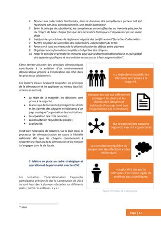 Page | 47
4 Donner aux collectivités territoriales, dans le domaine des compétences qui leur ont été
reconnues par la loi constitutionnelle, une totale autonomie
5 Selon le principe de subsidiarité, les compétences seront affectées au niveau le plus proche
du citoyen de base chaque fois que des nécessités techniques n'imposeront pas un autre
choix
6 Instituer des procédures de règlement négocié des conflits entre l'Etat et les Collectivités :
7 Mettre en place des contrôles des collectivités, indépendants de l'Etat.
8 Favoriser à tous les niveaux de la décentralisation les débats entre citoyens
9 Organiser une information complète et objective des citoyens.
10 Poser le principe et prendre les mesures pour que la décentralisation réduise le coût global
des dépenses publiques et ne conduise en aucun cas à leur augmentation37
.
Cette territorialisation des principes démocratiques
contribuera à la création d’un environnement
démocratique propice à l’implication des OSC dans
les processus décisionnels.
Les leaders locaux devraient respecter les principes
de la démocratie et les appliquer au niveau local (cf.
schéma ci-contre) :
 La règle de la majorité: les décisions sont
prises à la majorité.
 Les lois qui définissent et protègent les droits
et les libertés des citoyens et habitants d’un
pays ainsi que l’organisation des institutions.
 La séparation des trois pouvoirs ;
 La consultation régulière du peuple ;
 La pluralité.
Il est bien nécessaire de rabattre, sur le plan local, le
processus de démocratisation en cours à l’échelle
nationale afin que les citoyens commencent à
ressentir les résultats de la démocratie et les motiver
à s’engager dans la vie locale.
7. Mettre en place un cadre stratégique et
opérationnel de partenariat avec les OSC
Les tentatives d’opérationnaliser l’approche
participative préconisée par la Constitution de 2014
se sont heurtées à plusieurs obstacles sur différents
plans ; parmi ces entraves, il y a :
37
Idem
La règle de la majorité: les
décisions sont prises à la
majorité.
Respect les lois qui définient et
protègent les droits et les
libertés des citoyens et
habitants d'un pays ainsi que
l'organisation des institutions.
La séparation des pouvoirs
(législatif, exécutif et judiciaire)
La consultation régulière du
peuple (lors des élections et des
référendum)
La pluralité des partis
politiques: l'existence légale de
plusieurs partis politiques.
Figure 9 Principes de la démocratie
 