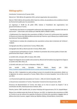 Page | 89
Bibliographie :
Constitution Tunisienne du 27 janvier 2014.
Décret-loi n° 2011-88 du 24 septembre 2011, portant organisation des associations.
Décret n°2013-5183 du 18 novembre 2013, fixant les critères, les procédures et les conditions d'octroi
du financement public pour les associations.
Loi organique n° 93-80 du 26 juillet 1993, relative à l'installation des organisations non
gouvernementales en Tunisie ;
" Identification des besoins et cartographie préliminaire des Organisations de la Société Civile dans le
Sud tunisien ". Cette étude a été réalisée par CAWTAR, MEPI et MERCY CORPS;
« Etablissement d’un répertoire des associations et ONG en Tunisie et le renforcement des capacités
d’influence et d’action des ONG de défense des droits de l’Homme » par le Réseau Euro-méditerranéen
des Droits de l’Homme (REMDH).
" Identification et analyse des compétences des associations actives dans le domaine de l’enfance",
l’UNICEF.
Cartographie des OSC au Sud-Est de la Tunisie, PNUD, 2016.
Cartographie des OSC au Nord-ouest de la Tunisie, PNUD, 2016.
« La gouvernance participative en Tunisie : Améliorer la prestation des services publics à travers des
partenariats État-citoyen », BAD, 2012.
La société civile, concepts, défis et enjeux, IACE, 2016.
Rapport de diagnostic de la société civile tunisienne, Mission de formulation du programme d’appui à
la société civile, Mars 2012, UE.
La Société civile dans une Tunisie en Mutation, PNUD, 2015
Une société civile formatée, Diane Robert, Nawat, juin 2016.
https://nawaat.org/portail/2016/06/13/une-societe-civile-tunisienne-formatee/
Philp, Ian. 2011. L’adaptation du cadre juridique tunisien à la nouvelle loi des associations, Atelier sur
la législation du secteur associatif en Tunisie, PNUD, ICNL et le Centre Kawakibi, Tunis le 28 et le 29
juin 2011.
« Le financement public des associations en Tunisie » , ICNL et le Centre Kawakibi , 2014 ;
La Gouvernance association en Tunisie, l’Association Tunisienne de la Gouvernance, 2014.
Processus de décentralisation en Tunisie, livre blanc sur la mise en œuvre du chapitre 7 de la
Constitution de 2014, Arab Gouvernance Institute, 2015.
Planche, Jeanne. 2007. Société civile, Un acteur historique de la gouvernance, Éd. Ch. Léopold Mayer.
Réseau Euro-méditerranéen des Droits de l’Homme. Juin 2011. Un répertoire des associations et ONG
en Tunisie en vue de renforcer les capacités d’influence et d’action des associations engagées dans la
défense des droits humains, rapport réalisé par Mokhtar Metoui, Ahmed Mainsi, Henda Gafsi.
 