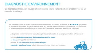 DIAGNOSTIC ENVIRONNEMENT
Ce diagnostic est réalisé en élevage laitier et consiste en une visite individuelle chez l’éleveur par un
conseiller en élevage.
Le conseiller utilise un outil d’évaluation environnementale et d’aide à la décision, le CAP’2ER, qui permet
d’estimer les émissions de gaz à effet de serre de l’élevage, ses consommations d’énergie, sa contribution
à la biodiversité mais aussi sa capacité nourricière (nombre de personnes nourries par l’élevage).
Le diagnostic environnement et les outils déployés dans le cadre de ce projet permettent à l’éleveur de :
• connaître l’empreinte carbone du lait produit sur leur ferme
• se situer par rapport à des références
• disposer de cas concrets et références techniques
• construire un plan d’action, adapté à son contexte, pour réduire ses émissions.
 