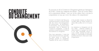 CONDUITE
DUCHANGEMENT Il revient à la Direction des Ressources
Humaines de mener sur chacune d’entre
elles des actions d’accompagnement,
de communication, de sensibilisation,
et de formation, ainsi que des actions
transversales. Dans la démarche de
Conduite du changement, il s’agit de
prendre en compte la dimension humaine
des résistances au changement.
Dans toute organisation, il existe des
forces motrices et des forces opposées,
de nature interne et externe. Les
premières poussent au changement,
l’appellent de leur vœu et l’alimentent,
et les secondes craignant ou refusant les
nouvelles idées qui veulent maintenir les
choses telles qu’elles sont et ont toujours
été.
Les résistances au changement sont de
trois ordres : collectives (systèmes de
valeurs propres à un groupe, ses normes
et ses rites), individuelles (remise en
cause, anxiété, sentiment de perte des
repères) ou conjoncturelles et structurelles
(conditions de travail, climat social, mode
d’organisation).
Du point de vue de la Conduite du Changement généré par l’émergence
de la RSE, il existe trois catégories de salariés : Ceux qui ont les valeurs
et le comportement éthique ; ceux qui ont les valeurs mais n’ont pas le
comportement; et ceux qui n’ont ni les valeurs ni le comportement.
 