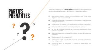 PARTIES
PRENANTES
?
?
?
?
?
Quels impacts l’entreprise a-t-elle sur son Environnement ? Quels sont les risques
de pollution et les risques sanitaires ?
L’entreprise participe–t-elle à la protection de l’environnement ? Lutte-t-elle contre
le changement climatique ?
L’entreprise s’est- elle engagée sur de grandes actions mondiales ou sectorielles ?
L’entreprise est-elle en conformité avec les dispositifs juridiques locaux ?
Les Droits de l’Homme et les principes de l’Organisation International du Travail
(OIT) sont-ils respectés?
Quel est le climat social de l’entreprise ? A-t-on évalué les risques de crises sociales
potentielles ?
Quelle est la qualité du dialogue social ?
Le management a-t-il les capacités et les moyens de valoriser le capital humain,
et ce, à long terme ?
Existe-t-il une éthique du management ? Existe-t-il une charte éthique dans
l’entreprise ?
Parmi les questions qu’un Groupe Projet travaillant sur la thématique des
parties prenantes est amené à se poser, il y a notamment celles-ci :
 