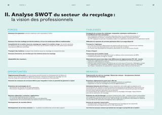 27S W ot Pa rt I e I I26 S W otPa rt I e I I
II. Analyse SWOT du secteur du recyclage :
la vision des professionnels
MenaceS
Augmentation du coût du recyclage / Baisse des volumes – des gisements destinés
aux entreprises de recyclage
évolutions réglementaires ayant pour eﬀet de :
• renchérir le coût de la collecte et du transport (collecte et expédition).
• augmenter le coût du recyclage (surcroît de réglementation…).
désindustrialisation de la france : la lente disparition de la sidérurgie européenne prive
les entreprises de volumes à recycler (chutes de production) et de débouchés. Dans le bois, les
panneautiers qui achètent du bois-déchet sont essentiellement des grands groupes étrangers
qui pourraient aisément délocaliser leur production.
La consommation des matières premières issues du recyclage à l’étranger risque d’attirer
avec elle les opérations de recyclage.
évolution du coût de l’énergie : certaines matières (bois, cSr…) utilisées comme combustibles
sont largement tributaires des évolutions des marchés de l’énergie. Inversement, une explosion
du coût de l’énergie pourrait avoir pour effet de diriger plus de déchets valorisables en matières
vers les filières de valorisation énergétique (bois, plastiques…).
entrées de nouveaux concurrents :
• tentation de la « boucle fermée » : développement du recyclage par les industriels.
• evolutions des éco-organismes vers un rôle d’opérateurs.
L’arrivée de nouveaux acteurs qui tentent de s’arroger la propriété de la matière
oPPortunItéS
Réglementation  ﬁscalité : ces instruments peuvent pousser au développement de filières et
les tirer vers le haut. Ils peuvent également favoriser l’industrie française du recyclage vis-à-vis
d’autres modes de traitement ou d’une concurrence européenne ou internationale.
Potentiel de croissance de certaines ﬁlières pour lesquelles il reste un potentiel de gisement à capter
évolutions des technologies de tri :
• Permettent de recycler de nouveaux gisements.
• Permettant d’augmenter la qualité des matières.
nouveaux débouchés / exutoires / applications :
• De nouvelles applications sont à inventer.
• La sortie du statut de déchet permet d’ouvrir les débouchés.
• augmentation de la consommation de matières issues du recyclage.
développement de nouvelles ﬁlières 
développement de services connexes : ex. : la palette reconditionnée comme data support.
faIBLeSSeS
Complexité de certains ﬂux (mélanges, composites, plastiques multicouches…)
et insuﬃsance de l’éco-conception
• Les composites, quand ils ne sont pas séparables dans les conditions économiques et
technologiques du moment, constituent des pertes de matière. certains plastiques
(ex. Pet opaque) ne sont pas recyclables à date ni en application alimentaire, ni en application textile.
diﬃcultés de captation de certains gisements liées à un usage dispersif
Transports / logistique :
• Les coûts du transport déterminent les opportunités de trouver un exutoire aux matières.
Ils ne couvrent pas nécessairement le prix de revente de la matière.
• La france a peu développé les transports alternatifs à la route (ferroviaire, fluvial).
freins à l’export
Concurrence de la matière vierge
• L’évolution des cours du vierge peut jouer en défaveur de la consommation de MPr.
• Problème persistant d’image du recyclé.
distorsions de concurrence liées à des diﬀérences de réglementation fR / ue – monde :
• Poids de la règlementation IcPe en france et sur-transposition de normes européennes.
• coût de la main d’œuvre en france.
• certains pays subventionnent des filières qui ne le sont pas en france (ex. allemagne, soutien
à la régénération de la matière), obligation d’incorporer des matières issues du recyclage
(ex. france : interdiction du paiement en espèces des métaux ferreux et non ferreux ).
forceS
existence d’un gisement : certains matériaux sont recyclables à l’infini.
existence d’un bon maillage territorial (collecte, tri) sur de nombreuses ﬁlières traditionnelles 
Compétitivité de la matière issue du recyclage par rapport à la matière vierge : de manière générale,
les matières issues du recyclage coûtent moins cher que la matière vierge avec une qualité quasi-similaire
voire aucune différence technique.
Transport des matières : la plupart des matières issues du recyclage se transportent bien.
existence d’exutoires, de marchés pour les matières issues du recyclage
Adaptabilité des recycleurs 
 