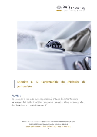 PAD Consulting 13 rue Saint Honoré 78 000 Versailles / SAS N° SIRET 452 958 226 CODE APE : 741G
ORGANISME DE FORMATION DECLARE SOUS LE NUMERO 11 78 8015978
LE S P A R T E N A I R E S A U C Œ U R D E V O T R E S T R A T E G I E
15
Solution n° 5: Cartographie du territoire de
partenaires
Pour Qui ?
Ce programme s’adresse aux entreprises qui ont plus d’une trentaine de
partenaires. Cet outil est à utiliser par chaque channel et alliance manager afin
de mieux gérer son territoire respectif.
 