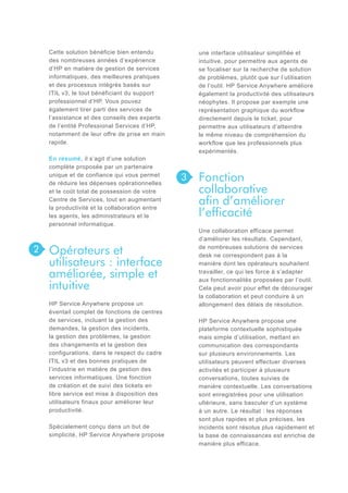 Cette solution bénéficie bien entendu
des nombreuses années d’expérience
d’HP en matière de gestion de services
informatiques, des meilleures pratiques
et des processus intégrés basés sur
ITIL v3, le tout bénéficiant du support
professionnel d’HP. Vous pouvez
également tirer parti des services de
l’assistance et des conseils des experts
de l’entité Professional Services d’HP,
notamment de leur offre de prise en main
rapide.
En résumé, il s’agit d’une solution
complète proposée par un partenaire
unique et de confiance qui vous permet
de réduire les dépenses opérationnelles
et le coût total de possession de votre
Centre de Services, tout en augmentant
la productivité et la collaboration entre
les agents, les administrateurs et le
personnel informatique.

2

Opérateurs et
utilisateurs : interface
améliorée, simple et
intuitive
HP Service Anywhere propose un
éventail complet de fonctions de centres
de services, incluant la gestion des
demandes, la gestion des incidents,
la gestion des problèmes, la gestion
des changements et la gestion des
configurations, dans le respect du cadre
ITIL v3 et des bonnes pratiques de
l’industrie en matière de gestion des
services informatiques. Une fonction
de création et de suivi des tickets en
libre service est mise à disposition des
utilisateurs finaux pour améliorer leur
productivité.
Spécialement conçu dans un but de
simplicité, HP Service Anywhere propose

une interface utilisateur simplifiée et
intuitive, pour permettre aux agents de
se focaliser sur la recherche de solution
de problèmes, plutôt que sur l’utilisation
de l’outil. HP Service Anywhere améliore
également la productivité des utilisateurs
néophytes. Il propose par exemple une
représentation graphique du workflow
directement depuis le ticket, pour
permettre aux utilisateurs d’atteindre
le même niveau de compréhension du
workflow que les professionnels plus
expérimentés.

3

Fonction
collaborative
afin d’améliorer
l’efficacité
Une collaboration efficace permet
d’améliorer les résultats. Cependant,
de nombreuses solutions de services
desk ne correspondent pas à la
manière dont les opérateurs souhaitent
travailler, ce qui les force à s’adapter
aux fonctionnalités proposées par l’outil.
Cela peut avoir pour effet de décourager
la collaboration et peut conduire à un
allongement des délais de résolution.
HP Service Anywhere propose une
plateforme contextuelle sophistiquée
mais simple d’utilisation, mettant en
communication des correspondants
sur plusieurs environnements. Les
utilisateurs peuvent effectuer diverses
activités et participer à plusieurs
conversations, toutes suivies de
manière contextuelle. Les conversations
sont enregistrées pour une utilisation
ultérieure, sans basculer d’un système
à un autre. Le résultat : les réponses
sont plus rapides et plus précises, les
incidents sont résolus plus rapidement et
la base de connaissances est enrichie de
manière plus efficace.

 