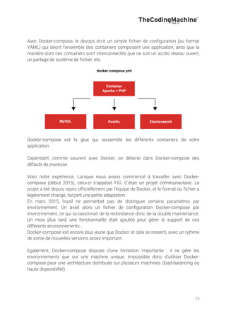 13
Avec Docker-compose, le devops écrit un simple fichier de configuration (au format
YAML) qui décrit l’ensemble des containers composant une application, ainsi que la
manière dont ces containers sont interconnectés que ce soit un accès réseau ouvert,
un partage de système de fichier, etc.
Docker-compose est la glue qui rassemble les différents containers de votre
application.
Cependant, comme souvent avec Docker, on détecte dans Docker-compose des
défauts de jeunesse.
Voici notre expérience. Lorsque nous avons commencé à travailler avec Docker-
compose (début 2015), celui-ci s’appelait FIG. C’était un projet communautaire. Le
projet a été depuis repris officiellement par l’équipe de Docker, et le format du fichier a
légèrement changé, forçant une petite adaptation.
En mars 2015, l’outil ne permettait pas de distinguer certains paramètres par
environnement. On avait alors un fichier de configuration Docker-compose par
environnement, ce qui occasionnait de la redondance donc de la double maintenance.
Un mois plus tard, une fonctionnalité était ajoutée pour gérer le support de ces
différents environnements…
Docker-compose est encore plus jeune que Docker et cela se ressent, avec un rythme
de sortie de nouvelles versions assez important.
Egalement, Docker-compose dispose d’une limitation importante : il ne gère les
environnements que sur une machine unique. Impossible donc d’utiliser Docker-
compose pour une architecture distribuée sur plusieurs machines (load-balancing ou
haute disponibilité).
 