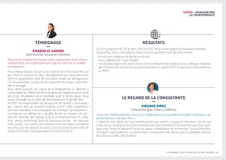LES MANAGERS, LEVIERS D'ATTRACTIVITÉ DE VOTRE ENTREPRISE | 33
CLÉ#13 - MANAGER PAR
LA TRANSPARENCE
RÉSULTATS
LE REGARD DE LA CONSULTANTE
–
VIRGINIE PIRES
Consultante Apec à Paris La Défense
Selon moi, Telmma fait bien vivre à ses collaborateurs au quotidien sa tagline « Activateur de
performances et de bien-être ».
L’attention aux clients est tout autant portée aux salariés. Lorsque le Président s’assoit aux
côtés de ses managers lors d’une sensibilisation aux Entretiens Professionnels pour leur expli-
quer tout l’enjeu du dispositif, je me dis que le changement est en marche. J’ai rencontré des
managers responsabilisés, curieux et dans l’anticipation. Nul doute que les candidats doivent
être bien accueillis chez Telmma.
TÉMOIGNAGE
–
KHADIJA EL GAHODI
Directrice des ressources humaines
Nous avons d’abord fait évoluer notre organisation et les respon-
sabilités avec une organisation par type de clients et un middle-
management.
Pour chaque équipe, il y a un « vrai » patron de centre de profits, qui
peut être un binôme ou plus classiquement une seule personne.
Telmma expérimente ainsi de nouveaux modes de management.
Ces responsables, en plus de leur expertise technique, sont ame-
nés à manager.
Nous avons instauré une culture de la Transparence. La direction a
communiqué les chiffres, les rémunérations des équipes et remis à plat
des fiches d’évaluation de la rentabilité selon le temps passé. Nous
avons retravaillé sur les règles de fonctionnement : le Qui fait Quoi.
En 2017, les responsables de groupe ont été formés « Être mana-
ger : réussir dans sa nouvelle fonction » et le Codir a également
suivi une formation « Accompagner ses managers de proximité ».
J’ai impulsé une démarche « Qualité de Vie au Travail » en par-
tant des attentes des salariés suite à un brainstorming. Fin 2016,
nous avons emménagé dans de nouveaux locaux : nos bureaux
sont colorés, nous avons une créative room, un espace vestiaires/
douches pour les adeptes du sport. J’ai conscience que le cadre de
travail et de bons outils participent à la performance.
Le CA a progressé de 20 % entre 2014 et 2017. Nous avons gagné de nouveaux mandats.
Aujourd’hui, nous commençons à percevoir les premiers fruits de notre travail :
- le turnover a diminué de moitié en 18 mois
- nous capitalisons l’esprit familial .
- nos équipes apprécient avant tout la bonne ambiance de travail avec les collègues, mesurée
par l’enquête de satisfaction du personnel faite en janvier 2017 et que nous renouvellerons
en 2018.
 