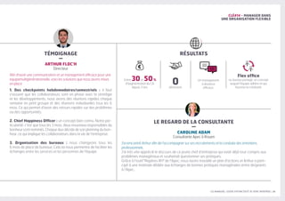 LES MANAGERS, LEVIERS D'ATTRACTIVITÉ DE VOTRE ENTREPRISE | 35
CLÉ#14 - MANAGER DANS
UNE ORGANISATION FLEXIBLE
RÉSULTATS
LE REGARD DE LA CONSULTANTE
–
CAROLINE ADAM
Consultante Apec à Rouen
J'ai rencontré Arthur afin de l'accompagner sur ses recrutements et la conduite des entretiens
professionnels.
J'ai très vite apprécié le discours de ce jeune chef d'entreprise qui avait déjà tout compris aux
problèmes managériaux et souhaitait questionner ses pratiques.
Grâce à l'outil Repères RH de l'Apec, nous avons travaillé un plan d'actions et Arthur a parti-
cipé à une matinale dédiée aux échanges de bonnes pratiques managériales entre dirigeants
à l'Apec.
TÉMOIGNAGE
–
ARTHUR FLOC'H
Directeur
Afin d'avoir une communication et un management efficace pour une
equipemultigénérationnelle, voici les solutions que nous avons mises
en place
1. Des checkpoints hebdomadaires/semestriels : il faut
s'assurer que les collaborateurs sont en phase avec la stratégie
et les développements, nous avons des réunions rapides chaque
semaine en petit groupe et des réunions individuelles tous les 6
mois. Ce qui permet d'avoir des retours rapides sur des problèmes
ou des opportunités.
2. Chief Happiness Officer : un concept bien connu. Notre par-
ticularité, c'est que tous les 3 mois, deux nouveaux responsables du
bonheur sont nommés. Chaque duo décide de son planning du bon-
heur, ce qui implique les collaborateurs dans la vie de l'entreprise.
3. Organisation des bureaux : nous changeons tous les
6 mois de place de bureaux. Cela va nous permettre de faciliter les
échanges entre les services et les personnes de l'équipe.
Entre 30et 50%
d'augmentation du CA
depuis 3 ans
Un management
à distance
efficace.
0démission
Flex office
ou bureau partagé, un concept
auquel l'équipe adhère et qui
favorise la créativité.
 