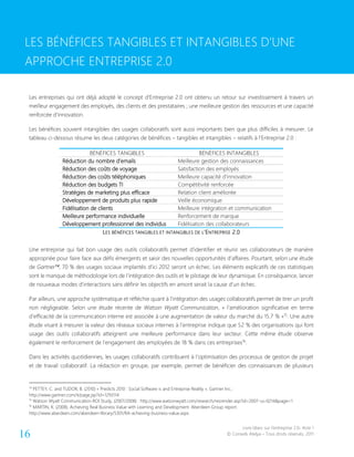 Livre blanc sur l’entreprise 2.0- Acte 1
© Conseils Atelya – Tous droits réservés, 201116
LES BÉNÉFICES TANGIBLES ET INTANGIBLES D’UNE APPROCHE
ENTREPRISE 2.0
Les entreprises qui ont déjà adopté le concept d’Entreprise 2.0 ont obtenu un retour sur investissement à travers un
meilleur engagement des employés, des clients et des prestataires ; une meilleure gestion des ressources et une capacité
renforcée d’innovation.
Les bénéfices souvent intangibles des usages collaboratifs sont aussi importants bien que plus difficiles à mesurer. Le
tableau ci-dessous résume les deux catégories de bénéfices – tangibles et intangibles – relatifs à l’Entreprise 2.0 :
BÉNÉFICES TANGIBLES BÉNÉFICES INTANGIBLES
Réduction du nombre d’emails Meilleure gestion des connaissances
Réduction des coûts de voyage Satisfaction des employés
Réduction des coûts téléphoniques Meilleure capacité d’innovation
Réduction des budgets TI Compétitivité renforcée
Stratégies de marketing plus efficace Relation client améliorée
Développement de produits plus rapide Veille économique
Fidélisation de clients Meilleure intégration et communication
Meilleure performance individuelle Renforcement de marque
Développement professionnel des individus Fidélisation des collaborateurs
LES BÉNÉFICES TANGIBLES ET INTANGIBLES DE L’ENTREPRISE 2.0
Une entreprise qui fait bon usage des outils collaboratifs permet d’identifier et réunir ses collaborateurs de manière
appropriée pour faire face aux défis émergents et saisir des nouvelles opportunités d’affaires. Pourtant, selon une étude
de Gartner14, 70 % des usages sociaux implantés d’ici 2012 seront un échec. Les éléments explicatifs de ces statistiques
sont le manque de méthodologie lors de l’intégration des outils et le pilotage de leur dynamique. En conséquence, lancer
de nouveaux modes d’interactions sans définir les objectifs en amont serait la cause d’un échec.
Par ailleurs, une approche systématique et réfléchie quant à l’intégration des usages collaboratifs permet de tirer un profit
non négligeable. Selon une étude récente de Watson Wyatt Communication, « l’amélioration significative en terme
d’efficacité de la communication interne est associée à une augmentation de valeur du marché du 15.7 % »15
. Une autre
étude visant à mesurer la valeur des réseaux sociaux internes à l’entreprise indique que 52 % des organisations qui font
usage des outils collaboratifs atteignent une meilleure performance dans leur secteur. Cette même étude observe
également le renforcement de l’engagement des employées de 18 % dans ces entreprises16
.
Dans les activités quotidiennes, les usages collaboratifs contribuent à l’optimisation des processus de gestion de projet
et de travail collaboratif. La rédaction en groupe, par exemple, permet de bénéficier des connaissances de plusieurs
14
PETTEY, C. and TUDOR, B. (2010) « Predicts 2010 : Social Software is and Entreprise Reality », Gartner Inc.;
http://www.gartner.com/it/page.jsp?id=1293114
15
Watson Wyatt Communication ROI Study, (2007/2008) : http://www.watsonwyatt.com/research/resrender.asp?id=2007-us-0214&page=1
16
MARTIN, K. (2008). Achieving Real Business Value with Learning and Development. Aberdeen Group report.
http://www.aberdeen.com/aberdeen-library/5301/RA-achieving-business-value.aspx
LES BÉNÉFICES TANGIBLES ET INTANGIBLES D’UNE
APPROCHE ENTREPRISE 2.0
 