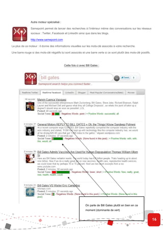 Autre moteur spécialisé :

                Samepoint permet de lancer des recherches à l’intérieur même des conversations sur les réseaux
                sociaux : Twitter, Facebook et LinkedIn ainsi que dans les blogs.

                http://www.samepoint.com

Le plus de ce moteur : il donne des informations visuelles sur les mots-clé associés à votre recherche.

Une barre rouge si des mots-clé négatifs lui sont associés et une barre verte si ce sont plutôt des mots-clé positifs.



                                            Cette fois ci avec Bill Gates :




                                                              On parle de Bill Gates plutôt en bien en ce
                                                              moment (dominante de vert)


                                                                                                                         16
 