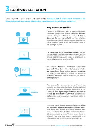 REUSSIR SA MIGRATION ANTIVIRUS CE N’EST PAS SI COMPLIQUE ! 10
3LA DÉSINSTALLATION
C’est un point souvent évoqué et appréhendé. Pourquoi est-il absolument nécessaire de
désinstaller mais surtout de désinstaller complètement le précédent antivirus ?
Des solutions différentes créent, si elles cohabitent sur
un même système, des conflits : lorsqu’un antivirus
souhaite analyser un fichier en temps réel, il va en
demander le contrôle exclusif, les deux solutions
tenterontdeprendrelecontrôled’unegrandequantité
d’opérations en même temps avec le risque qu’il y ait
des blocages mutuels.
Ne pas créer de conflits
Lesconséquencessontmultiplesetvariées:celapeut
se traduire par un ralentissement du système, ou pire
encore, les antivirus peuvent cesser de fonctionner, ce
qui n’est évidemment pas souhaitable.
Par ailleurs, beaucoup d’antivirus considèrent
que les fichiers d’un autre antivirus sont infectés
ou interprètent leurs actions comme suspectes.
Les développeurs d’antivirus tentent de réduire au
maximum cet aspect mais les listes blanches ne sont
parfois pas à jour.
Pour désinstaller correctement un antivirus, il est
conseillé de télécharger l’utilitaire de désinstallation
à partir du site web officiel du fournisseur et de
l’exécuter. Mais le plus simple est encore d’utiliser un
logiciel de désinstallation universel qui fonctionne
parfaitement avec les solutions récentes de moins de
quatre ans.
Une autre crainte lors de la désinstallation est le bon
enchaînementavecl’installationdunouvelantivirus :
il ne doit y avoir aucune interruption entre les deux
et la nouvelle solution doit être pleinement effective
dès son installation pour qu’il n’y ait aucun risque de
sécurité. Pour cela, tout doit être automatisé et le
déploiement doit être testé avant d’être effectué.
logiciel de
 