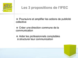 Les 3 propositions de l’IFEC    Poursuivre et amplifier les actions de publicité collective    Créer une direction commune de la communication    Aider les professionnels comptables  à structurer leur communication 