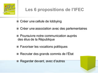 Les 6 propositions de l’IFEC    Créer une cellule de lobbying     Créer une association avec des parlementaires    Poursuivre notre communication auprès  des élus de la République    Favoriser les vocations politiques    Recruter des grands commis de l’État    Regarder devant, avec d’autres 