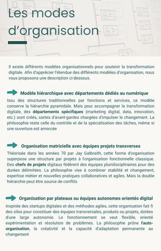 Les modes
d’organisation
Il existe différents modèles organisationnels pour soutenir la transformation
digitale. Afin d’apprécier l’étendue des différents modèles d’organisation, nous
vous proposons une description ci-dessous.
Modèle hiérarchique avec départements dédiés au numérique
Issu des structures traditionnelles par fonctions et services, ce modèle
conserve la hiérarchie pyramidale. Mais pour accompagner la transformation
digitale, des départements spécifiques (marketing digital, data, innovation,
etc.) sont créés, sortes d'avant-gardes chargées d'impulser le changement. La
philosophie reste celle du contrôle et de la spécialisation des tâches, même si
une ouverture est amorcée
Organisation matricielle avec équipes projets transverses
Théorisée dans les années 70 par Jay Galbraith, cette forme d'organisation
superpose une structure par projets à l'organisation fonctionnelle classique.
Des chefs de projets digitaux fédèrent des équipes pluridisciplinaires pour des
durées délimitées. La philosophie vise à combiner stabilité et changement,
expertise métier et nouvelles pratiques collaboratives et agiles. Mais la double
hiérarchie peut être source de conflits
Organisation par plateaux ou équipes autonomes orientés digital
Inspirée des startups digitales et des méthodes agiles, cette organisation fait fi
des silos pour constituer des équipes transversales, produits ou projets, dotées
d'une large autonomie. Le fonctionnement se veut flexible, orienté
expérimentation et résolution de problèmes. La philosophie prône l'auto-
organisation, la créativité et la capacité d'adaptation permanente au
changement
 