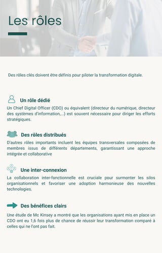 Les rôles
Des rôles clés doivent être définis pour piloter la transformation digitale.
Un rôle dédié
Un Chief Digital Officer (CDO) ou équivalent (directeur du numérique, directeur
des systèmes d’information,...) est souvent nécessaire pour diriger les efforts
stratégiques.
Des rôles distribués
D'autres rôles importants incluent les équipes transversales composées de
membres issus de différents départements, garantissant une approche
intégrée et collaborative
Une inter-connexion
La collaboration inter-fonctionnelle est cruciale pour surmonter les silos
organisationnels et favoriser une adoption harmonieuse des nouvelles
technologies.
Des bénéfices clairs
Une étude de Mc Kinsey a montré que les organisations ayant mis en place un
CDO ont eu 1,6 fois plus de chance de réussir leur transformation comparé à
celles qui ne l’ont pas fait.
 