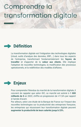 Comprendre la
transformation digitale
Définition
La transformation digitale est l'intégration des technologies digitales
(cloud, outils d’analyse des données, ERP,...) dans tous les aspects
de l'entreprise, transformant fondamentalement les façons de
travailler et d'apporter de la valeur aux clients. Elle implique
l'adoption de nouvelles technologies, la modification des processus
opérationnels, et la redéfinition des modèles d'affaires.
Enjeux
Pour comprendre l’étendue du marché de la transformation digitale, il
convient de rappeler que selon IDC, ce marché est estimé à 1 800
milliards de $ en 2022, chiffre en progression de +17,6% par rapport
à l’année d’avant.
Par ailleurs, selon une étude de la Banque de France sur l’impact des
nouvelles technologies sur la productivité des entreprises française,
les entreprises qui réussissent leur transformation digitale peuvent
augmenter la productivité de leurs salariés jusqu’à 23%.
 