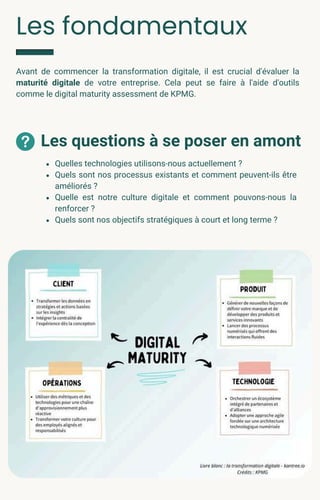 Les fondamentaux
Avant de commencer la transformation digitale, il est crucial d'évaluer la
maturité digitale de votre entreprise. Cela peut se faire à l'aide d'outils
comme le digital maturity assessment de KPMG.
Quelles technologies utilisons-nous actuellement ?
Quels sont nos processus existants et comment peuvent-ils être
améliorés ?
Quelle est notre culture digitale et comment pouvons-nous la
renforcer ?
Quels sont nos objectifs stratégiques à court et long terme ?
Les questions à se poser en amont
 