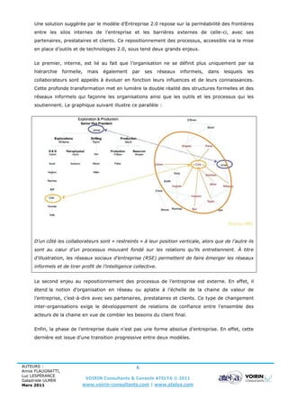 Une solution suggérée par le modèle d’Entreprise 2.0 repose sur la perméabilité des frontières
     entre les silos internes de l’entreprise et les barrières externes de celle-ci, avec ses
     partenaires, prestataires et clients. Ce repositionnement des processus, accessible via la mise
     en place d’outils et de technologies 2.0, sous tend deux grands enjeux.


     Le premier, interne, est lié au fait que l’organisation ne se définit plus uniquement par sa
     hiérarchie     formelle,   mais   également   par   ses      réseaux   informels,   dans   lesquels   les
     collaborateurs sont appelés à évoluer en fonction leurs influences et de leurs connaissances.
     Cette profonde transformation met en lumière la double réalité des structures formelles et des
     réseaux informels qui façonne les organisations ainsi que les outils et les processus qui les
     soutiennent. Le graphique suivant illustre ce parallèle :




     D’un côté les collaborateurs sont « restreints » à leur position verticale, alors que de l’autre ils
     sont au cœur d’un processus mouvant fondé sur les relations qu’ils entretiennent. À titre
     d’illustration, les réseaux sociaux d’entreprise (RSE) permettent de faire émerger les réseaux
     informels et de tirer profit de l’intelligence collective.


     Le second enjeu au repositionnement des processus de l’entreprise est externe. En effet, il
     étend la notion d’organisation en réseau ou aplatie à l’échelle de la chaine de valeur de
     l’entreprise, c’est-à-dire avec ses partenaires, prestataires et clients. Ce type de changement
     inter-organisations exige le développement de relations de confiance entre l’ensemble des
     acteurs de la chaine en vue de combler les besoins du client final.


     Enfin, la phase de l’entreprise duale n’est pas une forme absolue d’entreprise. En effet, cette
     dernière est issue d’une transition progressive entre deux modèles.




AUTEURS :                                            6
Annie FLAUGNATTI,
Luc LESPÉRANCE
Galadriele ULMER
                                VOIRIN Consultants & Conseils ATELYA © 2011
Mars 2011                   www.voirin-consultants.com | www.atelya.com
 