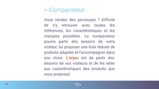 Vous vendez des perceuses ? Difficile
de s’y retrouver avec toutes les
références, les caractéristiques et les
marques possibles. Le comparateur
pourra partir des besoins de votre
visiteur, lui proposer une liste réduite de
produits adaptés et l’accompagner dans
son choix. L’enjeu est de partir des
besoins de vos visiteurs et de les relier
aux caractéristiques des produits que
vous proposez.
> Comparateur
14
 
