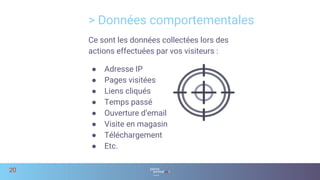 Ce sont les données collectées lors des
actions effectuées par vos visiteurs :
● Adresse IP
● Pages visitées
● Liens cliqués
● Temps passé
● Ouverture d’email
● Visite en magasin
● Téléchargement
● Etc.
> Données comportementales
20
 