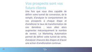 Une fois que vous êtes capable de
définir votre tunnel de conversion, de le
remplir, d’analyser le comportement de
vos prospects à chaque étape et
d’améliorer le taux de transformation de
ces dernières ; vous allez alors
augmenter mécaniquement le nombre
de ventes. Le Marketing Automation
permet de définir votre tunnel de vente,
d’analyser chacune des étapes et d’avoir
une action d’amélioration continue.
Vos prospects sont vos
futurs clients
21
 