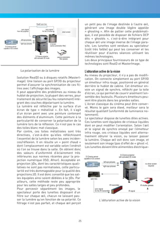 un petit peu de l’image destinée à l’autre œil,
                                                     générant une image double légère appelée
                                                     « ghosting ». Afin de pallier cette problémati-
                                                     que, il est possible de disposer de fichiers DCP
                                                     dits « ghostés », c’est-à-dire intégrant pour
                                                     chaque œil une image inverse de l’image para-
                                                     site. Les lunettes sont vendues au spectateur
                                                     (coût très faible) qui peut les conserver et les
                                                     réutiliser pour d’autres séances utilisant les
                                                     mêmes technologies.
                                                     Les deux principaux fournisseurs de ce type de
                                                     technologies sont RealD et MasterImage.

  La polarisation de la lumière                      L’obturation active de la vision
                                                     Au niveau du projecteur, il n’y a pas de modifi-
(solution RealD) ou à disques rotatifs (MasterI-     cation. On connecte simplement au port GP/IO
mage). Une liaison au port GP/IO du projecteur       un émetteur infra rouge, positionné en général
permet d’assurer la synchronisation de ces fil-      derrière le hublot de cabine. Cet émetteur en-
tres avec l’affichage des images.                    voie un signal de synchro, réfléchi par la toile
Il peut apparaître des problèmes au niveau du        d’écran, ce qui permet de couvrir aisément l’en-
hublot de projection, la plupart des verres, pour    semble des fauteuils. Plusieurs émetteurs peu-
traitement de sécurité (au feu notamment) inté-      vent être placés dans les grandes salles.
grant des couches dépolarisant la lumière.           L’écran classique du cinéma peut être conser-
La lumière est réfléchie par la surface d’un         vé. Moins le gain sera élevé, meilleur sera le
écran de type « métallisé ». En fait, il s’agit      résultat qualitatif (uniformité de luminance no-
d’un écran peint avec une peinture contenant         tamment).
des éléments d’aluminium. Cette peinture à la        Le spectateur dispose de lunettes dites actives.
particularité de conserver la polarisation de la     Ces lunettes sont équipées de cristaux liquides
lumière lors de la réflexion. Ce n’est pas le cas    dont on peut modifier l’orientation. Selon l’œil
des toiles blanc mat classique.                      et le signal de synchro envoyé par l’émetteur
Par contre, ces toiles métallisées sont très         infra rouge, ces cristaux liquides vont alterna-
directives, c’est-à-dire qu’elles réfléchissent      tivement obturer la vision, ou laisser passer
l’essentiel de la lumière selon les axes inciden-    la lumière. Chaque œil voit donc son image, et
ces/réflexion. Il en résulte un « point chaud »      seulement son image (pas d’effet de « ghost »).
dont l’emplacement est variable selon l’endroit      Les lunettes doivent être alimentées électrique-
où l’on se trouve dans la salle. On obtient donc
des valeurs d’uniformité d’éclairement très
inférieures aux normes récentes pour la pro-
jection numérique (ISO, Afnor). Acceptable en
projection 3Ds, dont les caractéristiques quali-
tatives ne sont pas normalisées, cette particu-
larité est très dommageable pour la qualité des
projections 2D. Il est donc conseillé que les sal-
les équipées ainsi soient dédiées à la 3Ds. Par
ailleurs, cette méthode reste peu appropriée
pour les salles larges et peu profondes.
Pour percevoir séparément les images, le
spectateur porte des lunettes disposant d’un
filtre sur chaque œil, chacun ne laissant pas-
ser la lumière qu’en fonction de sa polarité. Ce                 L’obturation active de la vision
filtrage n’est pas parfait, et chaque œil perçoit




                                                25
 