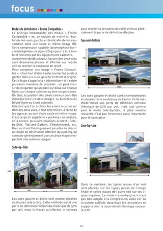 Modes de distribution « Frame Compatible »              pour recréer la sensation de relief atténue géné-
Le principe fondamental des modes « Frame               ralement la perte de définition effective.
Compatible » est de réduire de moitié la réso-
lution des vues gauche et droite afin de les ras-       Top-and-Bottom
sembler dans une seule et même image HD.
Cette compression spatiale (anamorphose hori-
zontale) génère un signal 2D qui pourra être trai-
té et transmis par les équipements existants.
Au moment du décodage, chacune des deux vues
sera désanamorphosée et affichée sur l’écran
afin de recréer la sensation de relief.
Pour composer une image « Frame Compati-
ble », il faut tout d’abord sélectionner les pixels à
garder dans les vues gauche et droite d’origine.
Cette étape s’appelle la « décimation » et il existe
plusieurs manières de procéder : on peut choi-
sir de ne garder qu’un pixel sur deux sur chaque
ligne, sur chaque colonne ou bien en quinconce.
De plus, la position des pixels retenus peut être       Les vues gauche et droite sont anamorphosées
identique pour les deux images, ou bien décalée         et placées l’une au-dessus de l’autre. Cette mé-
(d’une ligne ou d’une colonne).                         thode induit une perte de définition verticale
Une fois que l’on a choisi les pixels à conserver       théorique de 50% par oeil, mais tout comme
dans les deux vues, il faut déterminer la façon de      pour le mode Side-by-Side, la gêne visuelle
les agencer au sein d’une seule et même image.          ressentie n’est pas forcément aussi importante
C’est ce qu’on appelle le « packing » en anglais,       pour le spectateur
et là encore, plusieurs solutions existent : Side-
by-Side, Top-and-Bottom, Checkerboard, etc.             Line-by-Line
Bien qu’il soit théoriquement possible de choisir
un mode de décimation différent du packing, on
constate généralement que ces deux étapes res-
pectent une certaine logique.

Side-by-Side




                                                        Dans ce système, les lignes issues d’un oeil
                                                        sont placées sur les lignes paires de l’image
                                                        finale et celles issues de l’autre oeil sur les li-
                                                        gnes impaires. Le mode « Line-by-Line » n’est
Les vues gauche et droite sont anamorphosées            pas très adapté à la compression vidéo car sa
et placées côte à côte. Cette méthode induit une        structure sollicite davantage les encodeurs et
perte de définition horizontale théorique de 50%        supporte mal le sous-échantillonnage couleur
par œil, mais le travail qu’effectue le cerveau         (4:2:0).




                                                        44
 