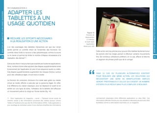 RECOMMANDATION 3

                                             ADAPTER LES
ADAPTER LES TABLETTES À UN USAGE QUOTIDIEN




                                                                                                                                                                                                                                          ADAPTER LES TABLETTES À UN USAGE QUOTIDIEN
                                             TABLETTES À UN
                                             USAGE QUOTIDIEN
                                                                                                                                      Figure 14
                                                                                                                                   Fonction de
                                                                                                                                  déplacement
                                                 RÉDUIRE LES EFFORTS NÉCESSAIRES                                                     à l’intérieur
                                                 À LA RÉALISATION D’UNE ACTION                                                   du texte dans
                                                                                                                                   l’application
                                                                                                                                Notes pour iOS
                                             L’un des avantages des tablettes interactives est que leur écran
                                             tactile permet un contrôle direct de l’ensemble des fonctions. Ce
                                                                                                                                                     Cette action est trop précise pour pouvoir être réalisée facilement pour
                                             contrôle direct évite le recours à des périphériques comme la souris
                                                                                                                                                     les seniors dont les doigts peinent à effectuer certains mouvements
                                             ou le clavier et permet de limiter le nombre d’étapes nécessaires à la
38                                                                                                                                                   fins. De nombreux utilisateurs préfèrent, en ce cas, effacer et réécrire                 39
                                             réalisation des tâches[11].
                                                                                                                                                     un segment de phrase plutôt que de le corriger.

                                             Cet accès direct n’est pourtant pas exploité par toutes les applications.
                                             Ainsi, nombre d’entre elles ajoutent des étapes supplémentaires entre
                                             le lancement de l’application et celui d’une séquence audio ou vidéo.
                                             Ces étapes supplémentaires augmentent les risques d’erreur, surtout
                                                                                                                                                     DANS LE CAS OÙ PLUSIEURS ALTERNATIVES EXISTENT
                                             pour des utilisateurs âgés, et sont donc à éviter.
                                                                                                                                                     POUR RÉALISER UNE MÊME ACTION, LES SOLUTIONS QUI
                                                                                                                                                     NÉCESSITENT UNE SÉRIE DE MANIPULATIONS SIMPLES
                                             La fonction de correction d’erreurs d’un texte saisi grâce au clavier
                                                                                                                                                     SERONT PRÉFÉRABLES À CELLES QUI EXIGENT UN NOMBRE
                                             virtuel se révèle difficile à exécuter par la personne âgée. En effet,
                                                                                                                                                     D’ÉTAPES PLUS RÉDUIT MAIS PLUS COMPLEXE À RÉALISER.
                                             à la différence du clavier classique, pour se déplacer en avant et en
                                             arrière sur une ligne de texte, l’utilisateur de la tablette doit effectuer
                                             un mouvement précis du doigt sur l’écran tactile (fig. 14).


                                             11 Ainsi l’application du magazine « social » Flipboard donne accès de                                  normalement dispersées entre différentes applications ou sites Web. Ces
                                             manière simple à des informations provenant des médias sociaux comme                                    informations difficiles d’accès pour les utilisateurs débutants peuvent alors être
                                             Twitter et Facebook ainsi que des fils d’informations (RSS). Cette application a                        feuilletées comme si elles étaient imprimées sur un magazine.
                                             pour avantage de centraliser autour d’une interface simplifiée des informations
 