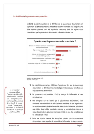 La définition de la gouvernance documentaire


                          serdaLAB a posé la question de la définition de la gouvernance documentaire en
                          segmentant les différentes notions, afin de faire ressortir l’élément le plus prégnant (une
                          seule réponse possible) chez les répondants. Beaucoup nous ont signalé qu’ils
                          considéraient que la gouvernance documentaire, c’était tout cela à la fois.




                          Nombre de répondants : 245
                          Source : serdaLAB



                               La majorité des entreprises (44%) est d’accord pour dire que la gouvernance
                                   documentaire se définit comme une stratégie d’entreprise pour faire face aux
      « Le capital                 enjeux en termes d’information.
     immatériel de
 l’entreprise identifie        La gouvernance documentaire, c’est le partage de l’information et des
 les richesses cachées             connaissances.
  de l’entreprise, soit
tout ce qui lui permet         Une entreprise sur dix estime que la gouvernance documentaire, c’est
 de créer de la valeur             considérer ses informations en tant que capital immatériel de son organisation.
  et que l’on ne peut
                                   Le capital immatériel comporte l’ensemble des actifs de l’entreprise, qui ne sont
déceler à la lecture de
 son bilan. » Michael              pas visibles dans le bilan comptable, mais qui lui permettent de créer de la
     Malone, 1997                  valeur. Les directeurs généraux interrogés ont été un peu plus sensibles que
                                   les autres à cette notion.

                               Dans une moindre mesure, les entreprises pensent que la gouvernance
                                   documentaire, c’est organiser la pérennité de l’information et des documents.

   © serdaLAB                                                                                              Page 5
 