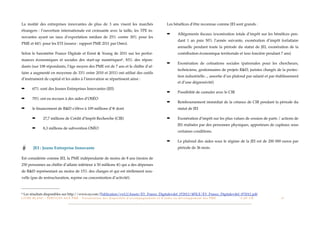 La moitié des entreprises innovantes de plus de 3 ans visent les marchés                                                                         Les bénéﬁces d’être reconnue comme JEI sont grands :
étrangers : l’ouverture internationale est croissante avec la taille, les TPE in-
                                                                                                                                                 ➡          Allégements ﬁscaux (exonération totale d’impôt sur les bénéﬁces pen-
novantes ayant un taux d’exportation médian de 25% contre 30% pour les
                                                                                                                                                            dant 1 an puis 50% l’année suivante, exonération d’impôt forfaitaire
PME et 44% pour les ETI (source : rapport PME 2011 par Oséo).
                                                                                                                                                            annuelle pendant toute la période du statut de JEI, exonération de la
Selon le baromètre France Digitale et Ernst & Young de 2011 sur les perfor-                                                                                 contribution économique territoriale et taxe foncière pendant 7 ans)
mances économiques et sociales des start-up                                     numériques6 ,           83% des répon-
                                                                                                                                                 ➡          Exonération de cotisations sociales (patronales pour les chercheurs,
dants (sur 108 répondants, l’âge moyen des PME est de 7 ans et le chiffre d’af-
                                                                                                                                                            techniciens, gestionnaires de projets R&D, juristes chargés de la protec-
faire a augmenté en moyenne de 33% entre 2010 et 2011) ont utilisé des outils
                                                                                                                                                            tion industrielle..., assortie d’un plafond par salarié et par établissement
d’instrument de capital et les aides à l’innovation se répartissent ainsi :
                                                                                                                                                            et d’une dégressivité)
➡         67% sont des Jeunes Entreprises Innovantes (JEI)
                                                                                                                                                 ➡          Possibilité de cumuler avec le CIR
➡         70% ont eu recours à des aides d’OSÉO
                                                                                                                                                 ➡          Remboursement immédiat de la créance de CIR pendant la période du
➡         le ﬁnancement de R&D s’élève à 109 millions d’€ dont                                                                                              statut de JEI

          ➡          27,7 millions de Crédit d’Impôt Recherche (CIR)                                                                             ➡          Exonération d’impôt sur les plus values de cession de parts / actions de
                                                                                                                                                            JEI réalisées par des personnes physiques, apporteurs de capitaux sous
          ➡          8,3 millions de subvention OSÉO
                                                                                                                                                            certaines conditions.

                                                                                                                                                 ➡          Le plafond des aides sous le régime de la JEI est de 200 000 euros par
           JEI : Jeune Entreprise Innovante                                                                                                                 période de 36 mois.

Est considérée comme JEI, la PME indépendante de moins de 8 ans (moins de
250 personnes au chiffre d’affaire inférieur à 50 millions €) qui a des dépenses
de R&D représentant au moins de 15% des charges et qui est réellement nou-
velle (pas de restructuration, reprise ou concentration d’activité).



6   Les résultats disponibles sur http://www.ey.com/Publication/vwLUAssets/EY_France_Digitalevdef_072012/$FILE/EY_France_Digitalevdef_072012.pdf
L I V R E B L A N C : S E RV I C E S A U X P M E - P r é s e n t a t i o n d e s d i s p o s i t i f s d ’ a c c o m p a g n e m e n t e t d ’ a i d e s a u d é v e l o p p e m e n t d e s P M E!   !   C A P - T I C!
                                                                                                                                                                                                                       !   !   11
 