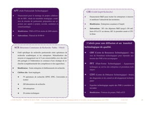 APT (Aide Partenariale Technologique)                                                                                                            CIR (Crédit Impôt Recherche)
   ★         Financement pour le montage de projets collabora-
                                                                                                                                                  ★         Financement R&D pour inciter les entreprises à innover
             tifs de RDI : étude de faisabilité stratégique, condi-
                                                                                                                                                            et améliorer l’attractivité des territoires.
             tion de réussite de partenariat, préparation aux ré-
             ponses aux appels à projets, accords, assistance et                                                                                  ★         Bénéﬁciaires : Entreprises soumises à l’impôt
             conseil juridique
                                                                                                                                                  ★         Subventions : 30% des dépenses R&D jusqu’à 100 mil-
   ★         Bénéﬁciaires : PME et ETI de moins de 2000 salariés                                                                                            lions d’€ et 5% au dessus, 40% la première année et 35%
                                                                                                                                                            la 2ème
   ★         Subventions : Plafond de 50 000 €



                                                                                                                                                      3 labels pour une diffusion et un transfert
       SCR (Structures Communes de Recherche Public / Privé)                                                                                      technologique de qualité.

   ★         Outil spéciﬁque de recherche partenariale entre opérateurs de                                                                        ★         CRT (Centre de Ressources Technologiques) : Mis-
             recherche académiques et les entreprises. Mutualisation des                                                                                    sion de Prestations technologiques pour répondre aux
             moyens et engagement sur 4/5 ans renouvelables avec des inté-                                                                                  besoins des PME et les accompagner
             rêts partagés et l’élaboration en commun d’une stratégie de re-
             cherche (complémentarité des compétences et des approches).                                                                          ★         PFT (Plate-Forme Technologique) :                   Equipements
                                                                                                                                                            techniques au service des entreprises et prestations tech-
   ★         Bénéﬁciaires : Toute entreprise et établissements de recherche
                                                                                                                                                            niques
   ★         Chiffres clés : Sont impliqués
                                                                                                                                                  ★         CDT (Centre de Diffusion Technologique) : Réalise
             ★          79 opérateurs de recherche (EPST, EPIC, Universités et
                                                                                                                                                            des diagnostics et du conseil en développement technolo-
                        écoles)
                                                                                                                                                            gique
             ★          200 laboratoires de recherche
                                                                                                                                                  ★         Expertise technologique auprès des PME à caractères in-
             ★          100 entreprises                                                                                                                     novantes

             ★          20 centres techniques                                                                                                     ★         Bénéﬁciaires : Porteurs de projets, PME et ETI



L I V R E B L A N C : S E RV I C E S A U X P M E - P r é s e n t a t i o n d e s d i s p o s i t i f s d ’ a c c o m p a g n e m e n t e t d ’ a i d e s a u d é v e l o p p e m e n t d e s P M E!   !    C A P - T I C!
                                                                                                                                                                                                                        !     !   16
 