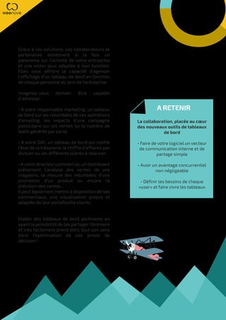Grâce à ces solutions, vos collaborateurs et
partenaires obtiennent à la fois un
panorama sur l’activité de votre entreprise
et une vision plus adaptée à leur fonction.
Elles vous offrent la capacité d’agencer
l’affichage d’un tableau de bord en fonction
de chaque personne au sein de l’entreprise.
Imaginez-vous demain être capable
d’adresser :
• A votre responsable marketing, un tableau
de bord sur les retombées de ces opérations
d’emailing, les impacts d’une campagne
publicitaire sur les ventes ou le nombre de
leads générés par canal.
• A votre DAF, un tableau de bord qui notifie
l’état de la trésorerie, le chiffre d’affaires par
division ou les différents clients à relancer.
• Avotre directeur commercial, un dashboard
présentant l’analyse des ventes de vos
magasins, la mesure des retombées d’une
promotion d’un produit ou encore la
prévision des ventes...
Il peut également mettre à disposition de ses
commerciaux, une visualisation propre et
adaptée de leur portefeuille clients.
Etablir des tableaux de bord pertinents en
ayant la possibilité de les partager librement
et très facilement prend donc tout son sens
dans l’optimisation de vos prises de
décision !
A RETENIR
La collaboration, placée au cœur
des nouveaux outils de tableaux
de bord
• Faire de votre logiciel un vecteur
de communication interne et de
partage simple
• Avoir un avantage concurrentiel
non négligeable
• Définir les besoins de chaque
«user» et faire vivre les tableaux
 