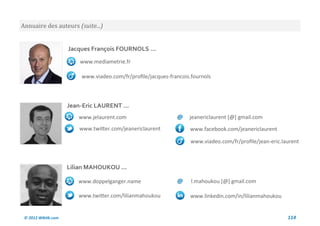 Annuaire des auteurs (suite...)


                     Jacques François FOURNOLS ...
                         www.mediametrie.fr

                          www.viadeo.com/fr/profile/jacques-francois.fournols



                     Jean-Eric LAURENT ...
                         www.jelaurent.com                     @    jeanericlaurent [@] gmail.com
                         www.twitter.com/jeanericlaurent            www.facebook.com/jeanericlaurent

                                                                     www.viadeo.com/fr/profile/jean-eric.laurent



                     Lilian MAHOUKOU ...

                        www.doppelganger.name                  @     l.mahoukou [@] gmail.com

                        www.twitter.com/lilianmahoukou              www.linkedin.com/in/lilianmahoukou


 © 2012 Wiktik.com                                                                                         114
 