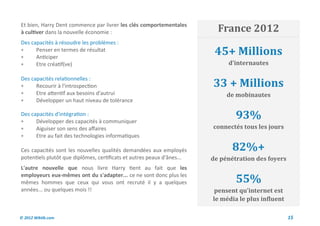 Et bien, Harry Dent commence par livrer les clés comportementales
à cultiver dans la nouvelle économie :                                    France 2012
Des capacités à résoudre les problèmes :


      Penser en termes de résultat
      Anticiper
                                                                         45+ Millions
     Etre créatif(ve)                                                       d’internautes


                                                                        33 + Millions
Des capacités relationnelles :
     Recourir à l'introspection
     Etre attentif aux besoins d'autrui                                     de mobinautes
     Développer un haut niveau de tolérance

Des capacités d'intégration :
     Développer des capacités à communiquer
                                                                                93%
     Aiguiser son sens des affaires                                    connectés tous les jours
     Etre au fait des technologies informatiques

Ces capacités sont les nouvelles qualités demandées aux employés               82%+
potentiels plutôt que diplômes, certificats et autres peaux d'ânes...   de pénétration des foyers
L'autre nouvelle que nous livre Harry tient au fait que les
employeurs eux-mêmes ont du s'adapter... ce ne sont donc plus les
mêmes hommes que ceux qui vous ont recruté il y a quelques                      55%
années... ou quelques mois !!                                            pensent qu’internet est
                                                                        le média le plus influent

© 2012 Wiktik.com                                                                                   15
 