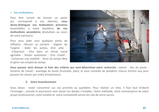 Vos motivations
Pour être certain de trouver un poste
qui correspond à vos attentes, vous
devez distinguer vos motivations primaires
(essentielles à notre équilibre) de vos
motivations secondaires (évolutives au cours
de notre parcours).
Pour vous aider voici quelques pistes de
réflexion : Réussir sa carrière - Gagner de
l’argent - Aider les autres, être utile -
  S’épanouir - Etre dans un climat social
agréable - Rester autonome - Etre créatif -
  Conserver une stabilité - Avoir du temps libre
et gérer son emploi du temps.
Vous pouvez ainsi dresser la liste des critères qui vont déterminer votre recherche : salaire - lieu du poste -
horaires de travail - avantage du poste (mutuelle, plan). Je vous conseille de pondérer chacun d'entre eux pour
pouvoir les classer par ordre d'importance.

              2. Votre Investissement
Vous devez rester concentrer sur vos priorités au quotidien. Pour réaliser un rêve, il faut tout d’abord
l’envisager….ensuite le poursuivre sans laisser les doutes s’installer…Votre méthode, votre connaissance de votre
projet professionnel, votre lucidité et votre combativité seront les clés de votre succès.



 © 2012 Wiktik.com                                                                                          62
 