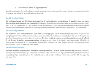 2. Choisir son job-board de façon optimale
Les job-boards sont des outils efficaces dans le sourcing…mais certains profils ne sont plus sur ces supports et selon
le service, leur efficacité a considérablement évolué.

Les job-boards verticaux
Ce sont des sites qui ont développé une expertise de niche et atteint un nombre de Cv qualifiés dans une niche
bien précise contrairement aux généralistes. Mais pour être efficaces, ils doivent avoir un nombre minimum d’usa-
gers et de Cvs enregistrés…et c’est souvent là que le bât blesse. Il reste que de nombreux job-boards verticaux ont
montré une certaine efficacité dans le sourcing (comme par exemple remixjobs pour les profils IT ou Frenchweb).
Les nouveaux job-boards
De nombreux sites émergent encore aujourd’hui soit s’appuyant sur les réseaux sociaux (comme les job-boards
qui géolocalisent les petites annonces) ou exclusivement sur le mobile par exemple (comme rue de l’emploi) ou
profitant du succès de certains réseaux verticaux. Ces sites sont intéressants car en phase de lancement, ils offrent
3 voir 6 mois de petites annonces gratuites, cela vous permet donc de les tester. Mais la principale difficulté est
que le taux de réussite de ces « nouveaux » job-boards est limité car il est doivent atteindre une masse critique
pour réussir. Testez et voyez par vous-même !
Les job-boards classiques
Les sites d’emploi « classiques » offrent de solides prestations…la seule vérité sera celle des résultats. Les meil-
leurs job-boards seront ceux qui produiront le meilleur ratio nombre de Cvs reçus/nombre de Cvs sélectionnés ! Car
un job-board qui produit trops de Cvs inadaptés est un job-board « inefficace » même si parmi les 700 Cvs reçus il y
a 2 bons Cvs !



© 2012 Wiktik.com                                                                                                91
 