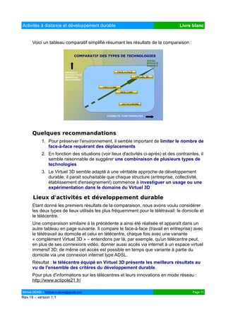 Activités à distance et développement durable                                        Livre blanc


      Voici un tableau comparatif simplifié résumant les résultats de la comparaison :




      Quelques recommandations
            1. Pour préserver l'environnement, il semble important de limiter le nombre de
               face-à-face requérant des déplacements
            2. En fonction des situations (voir lieux d'activités ci-après) et des contraintes, il
               semble raisonnable de suggérer une combinaison de plusieurs types de
               technologies
            3. Le Virtuel 3D semble adapté à une véritable approche de développement
               durable; il parait souhaitable que chaque structure (entreprise, collectivité,
               établissement d'enseignement) commence à investiguer un usage ou une
               expérimentation dans le domaine du Virtuel 3D

      Lieux d'activités et développement durable
      Etant donné les premiers résultats de la comparaison, nous avons voulu considérer
      les deux types de lieux utilisés les plus fréquemment pour le télétravail: le domicile et
      le télécentre.
      Une comparaison similaire à la précédente a ainsi été réalisée et apparaît dans un
      autre tableau en page suivante. Il compare le face-à-face (travail en entreprise) avec
      le télétravail au domicile et celui en télécentre, chaque fois avec une variante
      « complément Virtuel 3D » – entendons par là, par exemple, qu'un télécentre peut,
      en plus de ses connexions vidéo, donner aussi accès via internet à un espace virtuel
      immersif 3D; de même cet accès est possible en temps que variante à partie du
      domicile via une connexion internet type ADSL.
      Résultat : le télécentre équipé en Virtuel 3D présente les meilleurs résultats au
      vu de l'ensemble des critères du développement durable.
      Pour plus d'informations sur les télécentres et leurs innovations en mode réseau :
      http://www.actipole21.fr/

Michel DENIS – michel.m.denis@gmail.com                                                     Page 11
Rev.19 – version 1.1
 