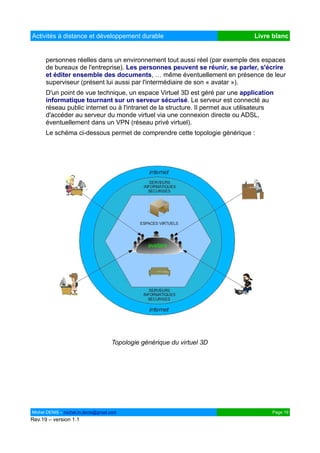 Activités à distance et développement durable                                    Livre blanc


      personnes réelles dans un environnement tout aussi réel (par exemple des espaces
      de bureaux de l'entreprise). Les personnes peuvent se réunir, se parler, s'écrire
      et éditer ensemble des documents, … même éventuellement en présence de leur
      superviseur (présent lui aussi par l'intermédiaire de son « avatar »).
      D'un point de vue technique, un espace Virtuel 3D est géré par une application
      informatique tournant sur un serveur sécurisé. Le serveur est connecté au
      réseau public internet ou à l'intranet de la structure. Il permet aux utilisateurs
      d'accéder au serveur du monde virtuel via une connexion directe ou ADSL,
      éventuellement dans un VPN (réseau privé virtuel).
      Le schéma ci-dessous permet de comprendre cette topologie générique :




                                    Topologie générique du virtuel 3D




Michel DENIS – michel.m.denis@gmail.com                                                Page 19
Rev.19 – version 1.1
 