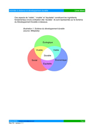 Activités à distance et développement durable                                   Livre blanc


        Ces aspects de “viable”, “vivable” et “équitable” constituent les ingrédients
        fondamentaux d'une civilisation dite “durable”. Ils sont représentés sur le Schéma
        du Développement Durable ci-dessous.


                     Illustration 1: Schéma du développement durable
                     (source: Wikipédia)




Michel DENIS – michel.m.denis@gmail.com                                                Page 6
Rev.19 – version 1.1
 