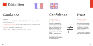 Définition

Confiance                                                                                     Confidence                        Trust
nom féminin                                                                                   La confiance assurée              La confiance décidée
étym. xve; confience xiiie, du latin confidentia, d’après l’ancien français fiance, « foi »   (en anglais, confidence)          (en anglais, trust)
Famille étymologique : foi.
                                                                                              « Lorsque je dis que je fais      Nous faisons confiance alors
 1.  Espérance ferme, assurance de celui, celle qui se fie à quelqu’un ou à quelque chose.    confiance (trust) à mon doc-      que nous sommes face à des
                                                                                              teur, ce n’est pas tout à fait    étrangers, que nous ne pou-
 2.  Sentiment qui fait qu’on se fie à soi-même.                                              exact. Je me fie plutôt (confi-   vons ni prédire leurs actes
                                                                                              dence) à ses capacités, au        ni savoir exactement ce qu’il
Contraires : défiance, méfiance, anxiété, crainte, doute, suspicion.                          système qui lui a décerné le      pourrait se passer.
                                                                                              diplôme que je vois affiché au
                                                                                              mur. »                            « Avoir confiance, c’est accep-
                                                                                              (Adam B. Seligman, 2001)          ter de ne pas tout contrôler.»

                                                                                              Si le contexte est régi par un
                                                                                              système de lois, alors on parle
                                                                                              de confiance assurée.




20                                                                                                                                                              21
 