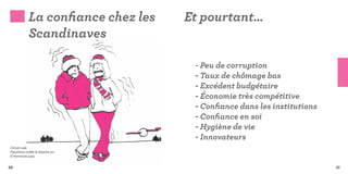La confiance chez les   Et pourtant…
             Scandinaves

                                      - Peu de corruption
                                      - Taux de chômage bas
                                      - Excédent budgétaire
                                      - Économie très compétitive
                                      - Confiance dans les institutions
                                      - Confiance en soi
                                      - Hygiène de vie
                                      - Innovateurs
Climat rude
Population isolée & répartie sur
d’immenses pays.


50                                                                        51
 