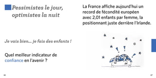 Pessimistes le jour,             La France affiche aujourd’hui un
                                      record de fécondité européen
     optimistes la nuit               avec 2,01 enfants par femme, la
                                      positionnant juste derrière l’Irlande.


Je vais bien… je fais des enfants !

 Quel meilleur indicateur de
 confiance en l’avenir ?


66                                                                         67
 