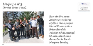 L’équipe n°3                               Le futur des jeunes professionnels, c’est l’affaire de tous !         Nous av
                                                                                                                  des je
                                                                                                                  La miss




 (Projet Trust Coop)
                                                                                                                  confian
                                                                                                                  contre

                                                                                                                  Trust C
                                                                                                                  entre l
                                                                                                                  l’entou


                                                  la(RÉ)INSERTION                                                 Vous po
                                                                                                                  profess

                                                  professionnelle                                                 Ainsi q


                                                      des J E U N E S

                                               Trust Coop                                                             Ser

                                                                                   Service Coopérative




                       Romain Bruneau
                       Ariane M-Roberge
                       Mylène Champagne
                       Hervé Rosanvallon
                       Brice Asselah
                       Yohann Chaussepied
                       Charles Duchesne
                       Anne-Lucie Plevin
176
                       Meryem Smairy                                                                        177
 