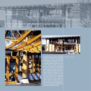 Centre d’imagerie par résonance magnétique
à Saint-Priest-en-Jarez
Photos
© Dominique Gauzin-Müller
Le concours pour le Centre d’imagerie
magnétique de l’agglomération stéphanoise
a été lancé en mai 1997 ; le premier patient
a été examiné le 30 décembre de la même
année. Malgré ce planning très tendu et un
site ingrat, le parking de l’hôpital, cet équi-
pement médical privilégie la dimension
humaine et respecte l’environnement. Dès
les premières rencontres, la collaboration
entre la maîtrise d’ouvrage et les archi-
tectes, engagés depuis longtemps dans une
approche sociale et écologique de l’archi-
tecture, a été harmonieuse et efficace. Une
équipe d’entreprises locales a participé
avec enthousiasme au défi. L’IRMAS est
construit avec des troncs écorcés, des
poutres brochées et des planchers en
planches clouées. La structure est en dou-
glas de pays, matériau renouvelable néces-
sitant peu d’énergie pour sa transformation,
son transport et sa mise en œuvre.
Entreprises :
charpente, Les charpentiers
du Haut-Beaujolais, Belmont ;
menuiseries, Béal,
Saint-Priest-en-Jarez
Réalisation : 1997
Surface : 386 m2
shon
Coût global de l’opération :
3,08 MF HT, valeur 1997,
soit 470 000 €
(compris honoraires, bureau de
contrôle et dommage ouvrage)
Maîtrise d’ouvrage :
Imagerie par résonance magnétique
de l’agglomération stéphanoise
Architectes :
Atelier de l’Entre,
Marie-Renée Desages,
Aline Duverger, Yves Perret,
Saint-Etienne
Bureau d’études structures :
Jacques Anglade, Port-Vendres
“L’architecte ou l’ingénieur peuvent,
s’ils ont l’expérience adéquate, assurer
eux-mêmes la démarche environnementale
de la maîtrise d’œuvre.”
 