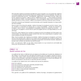 Des avancées rapides se produisent actuellement quant à l’emploi ou au non-emploi des matériaux
ou produits émettant des Composés Organiques Volatiles (COV) et du formaldéhyde. Ces COV pro-
viennent de différentes sources : contreplaqués, agglomérés, conservateurs de bois, colles urée-
formol, solvants de peinture, colles et vernis, revêtements de sols, …). Ces produits provoquent
des symptômes irritatifs, neuropsychologiques, voire cancérigènes. Mais si leurs émissions sont
élevées pendant la mise en œuvre, celles-ci ont tendance à diminuer fortement avec le temps.
Il faut être conscient que l’évaluation environnementale, parmi laquelle l’évaluation du risque santé,
est très complexe.
Dans le cadre d’une démarche globale, maîtres d’ouvrage et concepteurs auront à manier, mesu-
rer, pondérer un ensemble de critères plus ou moins inconciliables : énergie de production et
transport, mise en œuvre, renouvelabilité et recyclabilité, absence de risques sur la santé, …, ce
qui demeure une gageure, surtout dans le cadre de budgets serrés ou de disponibilités sur le mar-
ché local.
Aujourd’hui, dans l’attente d’une montée en puissance et de la normalisation de l’information envi-
ronnementale, les prescripteurs doivent souvent faire des choix pragmatiques et appliquer sans
excès quelques principes de précaution.
Mais, hors la question des matériaux et produits, maîtres d’ouvrage et concepteurs, par l’archi-
tecture et les équipements, veilleront à la création de lieux satisfaisant les conditions d’hygiène. Ils
prendront des dispositions facilitant le nettoyage et l’évacuation des déchets d’activité, dispositions
pouvant dans certains cas favoriser les soins de santé.
Enfin, une démarche “HQE” se doit d’être irréprochable en ce qui concerne la commodité des
locaux pour les personnes à mobilité réduite.
CIBLE 13
Qualité sanitaire de l’air
La qualité de l’air dans un bâtiment est une exigence primordiale pour la santé des utilisateurs et
des usagers. Si certains gaz sont naturellement présents dans l’air (oxygène, dioxyde de carbone,
ozone, azote, vapeur d’eau), d’autres polluants sont le résultat de l’activité humaine (gaz d’échap-
pement ou de combustion, particules en suspension). Si les premiers ne doivent pas dépasser cer-
taines concentrations, les seconds ne devraient pas être présents.
La qualité de l’air dépend donc de la maîtrise des sources de pollutions :
s par l’air extérieur,
s par les produits de construction (abordés précédemment),
s par les équipements des bâtiments,
s par les opérations de maintenance et d’entretien,
s par le radon ou des particules radioactives,
s par excès d’humidité.
Pour garantir une qualité de l’air satisfaisante, maîtres d’ouvrage, concepteurs et gestionnaires
TROISIÈME PARTIE LES 14 CIBLES DE LA DÉMARCHE “HQE” 79
 