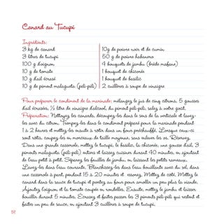 Canard au Tucupi
     Ingrédients:
     3 kg de canard                          10g de poivre noir et de cumin
     3 litres de tucupi                      50 g de poivre habanero
     100 g d’oignon                          4 bouquets de jambu (brède mafane)
     10 g de tomate                          1 bouquet de chicorée
     10 g d’ail écrasé                       1 bouquet de basilic
     10 g de piment malagueta (pili-pili)     cuillères à soupe de vinaigre
     Pour préparer le condiment de la marinade: mélangez le jus de cinq citrons, 5 gousses
     d’ail écrasées, ½ litre de vinaigre d’alcool, du piment pili-pili, salez à votre goût.
     Préparation: Nettoyez les canards, découpez-les dans le sens de la verticale et lavez-
     les avec du citron. Trempez-les dans le condiment préparé pour la marinade pendant
     1 à  heures et mettez-les ensuite à rôtir dans un four préchauffé. Lorsque ceux-ci
     sont rôtis, coupez-les en morceaux de taille moyenne, sans enlever les os. Réservez.
     Dans une grande casserole, mettez le tucupi, le basilic, la chicorée, une gousse d’ail, 3
     piments malagueta (pili-pili) entiers et laissez cuisiner durant 40 minutes, en ajoutant
     de l’eau petit à petit. Séparez les feuilles de jambu, en laissant les petits rameaux.
     Lavez-les dans l’eau courante. Blanchissez-les dans l’eau bouillante avec du sel, dans
     une casserole à part, pendant 15 à 0 minutes et essorez. Mettez de côté. Mettez le
     canard dans la sauce de tucupi et portez au four pour amollir un peu plus la viande.
     Ajoutez l’oignon et la tomate coupée en rondelles. Ensuite, mettez le jambu et laisser
     bouillir durant 5 minutes. Écrasez et faites passer les 3 piments pili-pili qui restent et
     faites un peu de sauce, en ajoutant 3 cuillères à soupe de tucupi.
18
 