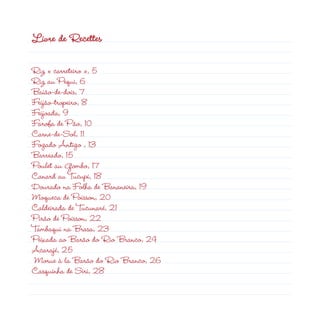 Livre de Recettes

    Riz « carreteiro », 5
    Riz au Pequi, 6
    Baião-de-dois, 7
    Feijão-tropeiro, 8
    Feijoada, 9
    Farofa de Pão, 10
    Carne-de-Sol, 11
    Fogado Antigo , 13
    Barreado, 15
    Poulet au Gombo, 17
    Canard au Tucupi, 18
    Dourado na Folha de Bananeira, 19
    Moqueca de Poisson, 0
    Caldeirada de Tucunaré, 1
    Pirão de Poisson, 
    Tambaqui na Brasa, 3
    Peixada ao Barão do Rio Branco, 4
    Acarajé, 5
    Morue à la Barão do Rio Branco, 6
    Casquinha de Siri, 8



 