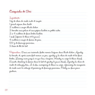 Casquinha de Siri
     Ingrédients:
     1 kg de chair de crabe cuite et coupée
     1 grand oignon bien haché
      cuillères à soupe d’huile d’olive
      tomates sans pelure et sans pépins hachées en petits cubes
      à 4 cuillères de fines herbes hachées
     1 œuf (séparer le blanc et le jaune)
     4 cuillères à soupe de farine de pain
     100 g de fromage parmesan
     ½ tasse de thé de lait

     Préparation: Dans une casserole, faites revenir l’oignon dans l’huile d’olive. Ajoutez
     la tomate, et, après avoir fait revenir un peu, ajoutez-y la chair de crabe et les fines
     herbes. Laissez cuire jusqu’à ce que l’eau s’évapore. Montez en neige le blanc d’œuf.
     Ensuite, dissolvez la farine dans le lait et ajoutez le jaune d’œuf. Ajoutez la chair de
     crabe et mélangez bien. À la fin, incorporez le blanc en neige. Garnissez les carapaces
     de crabe avec le mélange et parsemez de fromage parmesan. Portez au four pour
     gratiner.




8
 