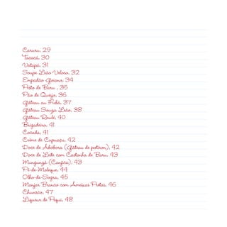 Caruru, 9
Tacacá, 30
Vatapá, 31
Soupe Leão Veloso, 3
Empadão Goiano, 34
                                          d
Pesto de Baru , 35
Pão de Queijo, 36
Gâteau au Fubá, 37
Gâteau Souza Leão, 38
Gâteau Roulé, 40
Brigadeiro, 41
Cocada, 41
Crème de Cupuaçu, 4
Doce de Abóbora (Gâteau de potiron), 4
Doce de Leite com Castanha de Baru, 43
Mungunzá (Canjica), 43
Pé-de-Moleque, 44
Olho-de-Sogra, 45
Manjar Branco com Ameixas Pretas, 46
Chuvisco, 47
Liqueur de Pequi, 48

                                          3
 