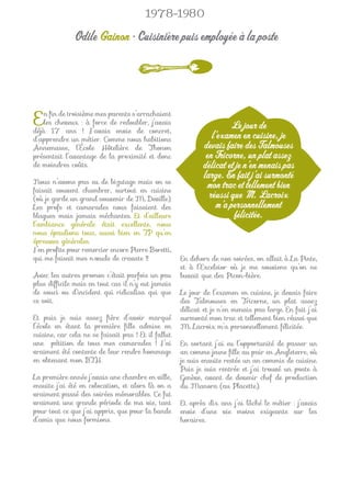 1978-1980

              Odile Gainon • Cuisinière puis employée à la poste




E   n ﬁn de troisième mes parents s’arrachaient
    les cheveux : à force de redoubler, j’avais
déjà 17 ans ! J’avais envie de concret,
                                                                      Le jour de
d’apprendre un métier. Comme nous habitions                     l’examen en cuisine, je
Annemasse, l’École Hôtelière de Thonon                       devais faire des Talmouses
présentait l’avantage de la proximité et donc                 en Tricorne, un plat assez
de moindres coûts.                                           délicat et je n’en menais pas
                                                             large. En fait j’ai surmonté
Nous n’avons pas eu de bizutage mais on se
faisait souvent chambrer, surtout en cuisine
                                                              mon trac et tellement bien
(où je garde un grand souvenir de M. Deville).                 réussi que M. Lacroix
Les profs et camarades nous faisaient des                         m’a personnellement
blagues mais jamais méchantes. Et d’ailleurs                           félicitée.
l’ambiance générale était excellente, nous
nous épaulions tous, aussi bien en TP qu’en
épreuves générales.
J’en proﬁte pour remercier encore Pierre Boretti,
qui me faisait mes nœuds de cravate !!               En dehors de nos soirées, on allait à La Pinte,
                                                     et à l’Excelsior où je me souviens qu’on ne
Avec les autres promos c’était parfois un peu        buvait que des Picon-bière.
plus difﬁcile mais en tout cas il n’y eut jamais
de souci ou d’incident qui ridiculisa qui que        Le jour de l’examen en cuisine, je devais faire
ce soit.                                             des Talmouses en Tricorne, un plat assez
                                                     délicat et je n’en menais pas large. En fait j’ai
Et puis je suis assez ﬁère d’avoir marqué            surmonté mon trac et tellement bien réussi que
l’école en étant la première ﬁlle admise en          M. Lacroix m’a personnellement félicitée.
cuisine, car cela ne se faisait pas ! Et il fallut
une pétition de tous mes camarades ! J’ai            En sortant j’ai eu l’opportunité de passer un
vraiment été contente de leur rendre hommage         an comme jeune ﬁlle au pair en Angleterre, où
en obtenant mon BTH.                                 je suis ensuite restée un an commis de cuisine.
                                                     Puis je suis rentrée et j’ai trouvé un poste à
La première année j’avais une chambre en ville,      Genève, avant de devenir chef de production
ensuite j’ai été en colocation, et alors là on a     du Manora (au Placette).
vraiment passé des soirées mémorables. Ce fut
vraiment une grande période de ma vie, tant          Et après dix ans j’ai lâché le métier : j’avais
pour tout ce que j’ai appris, que pour la bande      envie d’une vie moins exigeante sur les
d’amis que nous formions.                            horaires.
 